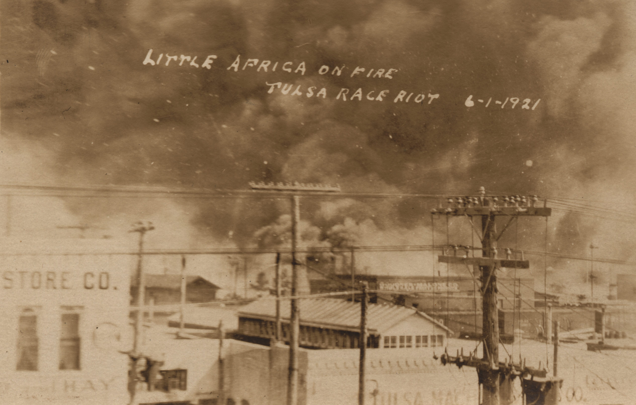 This photo on this postcard was taken from on top of the Santa Fe Freight office at 1st St. and Elgin Ave., showing the fires on Archer towards Greenwood. The Goodner-Malone company (1 N. Frankfurt Ave.) building is in the center of the photo.
