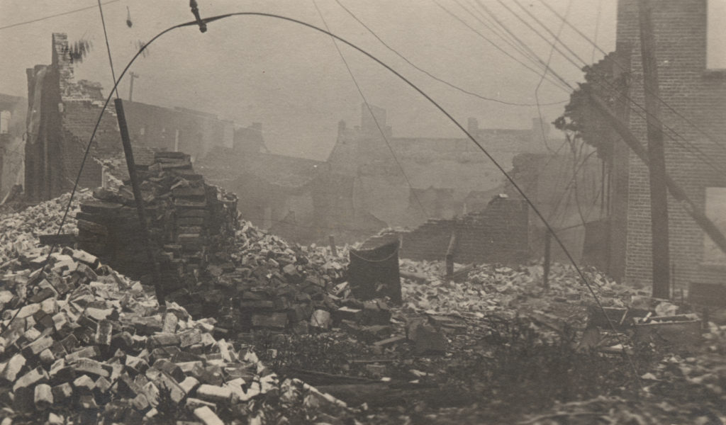 Piles of rubble after the fires of the Tulsa Race Riot.
