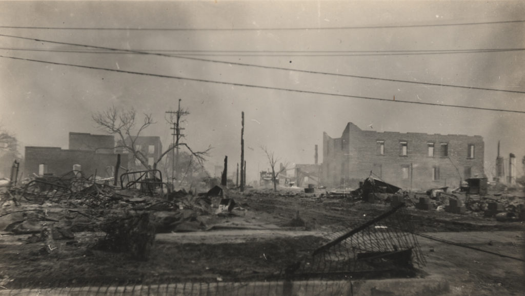 Enlarged copy of a photography taken of the ruins after the Tulsa Race Riots.